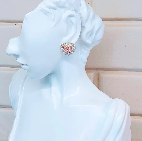 DOUBLE HEART PINK & CLEAR CUBIC ZIRCONIA SURGICAL STEEL STUD EARRINGS - Picture 3 of 9